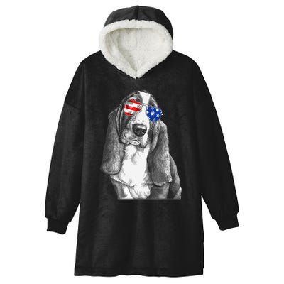 Basset Hound Dog Sunglasses Flag American 4th Of July Funny Hooded Wearable Blanket