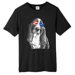 Basset Hound Dog Sunglasses Flag American 4th Of July Funny Tall Fusion ChromaSoft Performance T-Shirt