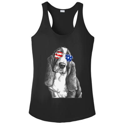Basset Hound Dog Sunglasses Flag American 4th Of July Funny Ladies PosiCharge Competitor Racerback Tank