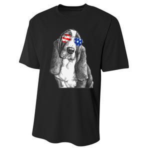 Basset Hound Dog Sunglasses Flag American 4th Of July Funny Performance Sprint T-Shirt