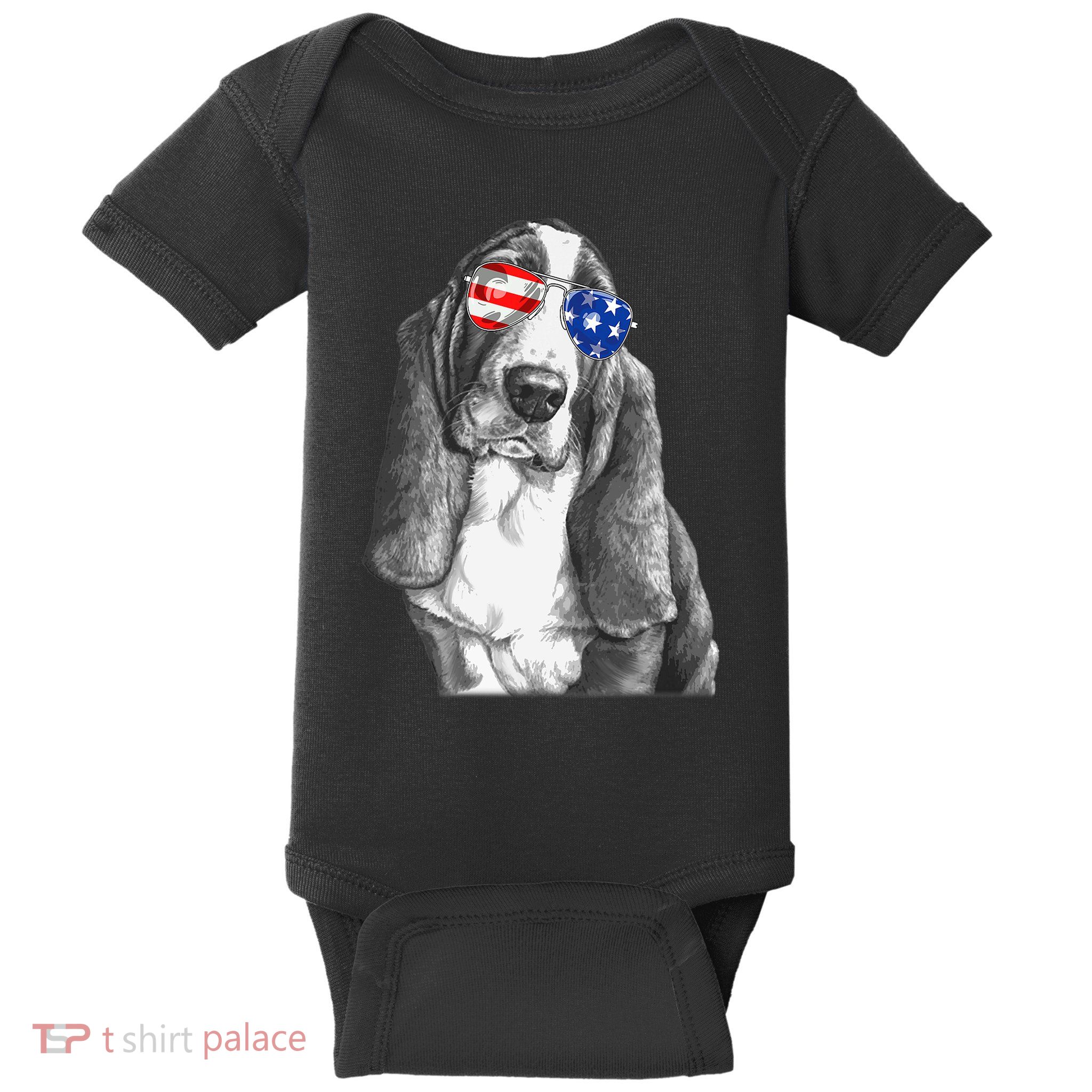Basset Hound Dog Sunglasses Flag American 4th Of July Funny Baby Bodysuit