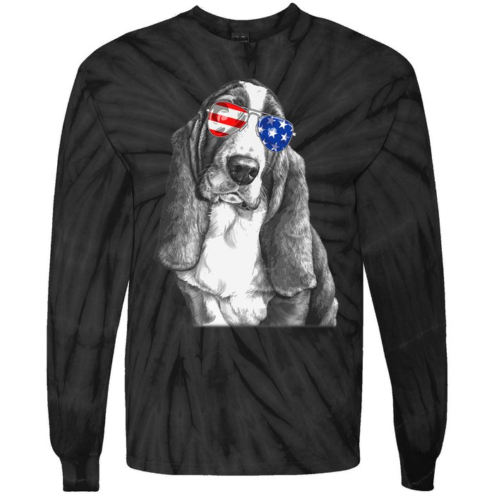 Basset Hound Dog Sunglasses Flag American 4th Of July Funny Tie-Dye Long Sleeve Shirt