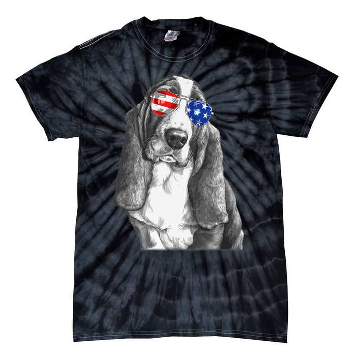 Basset Hound Dog Sunglasses Flag American 4th Of July Funny Tie-Dye T-Shirt