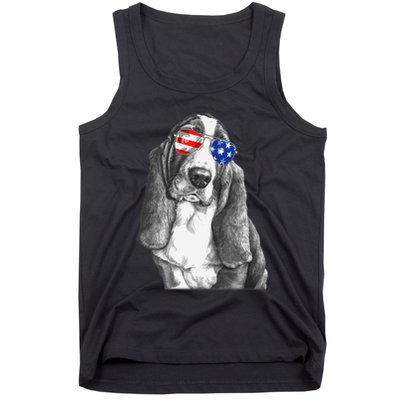 Basset Hound Dog Sunglasses Flag American 4th Of July Funny Tank Top