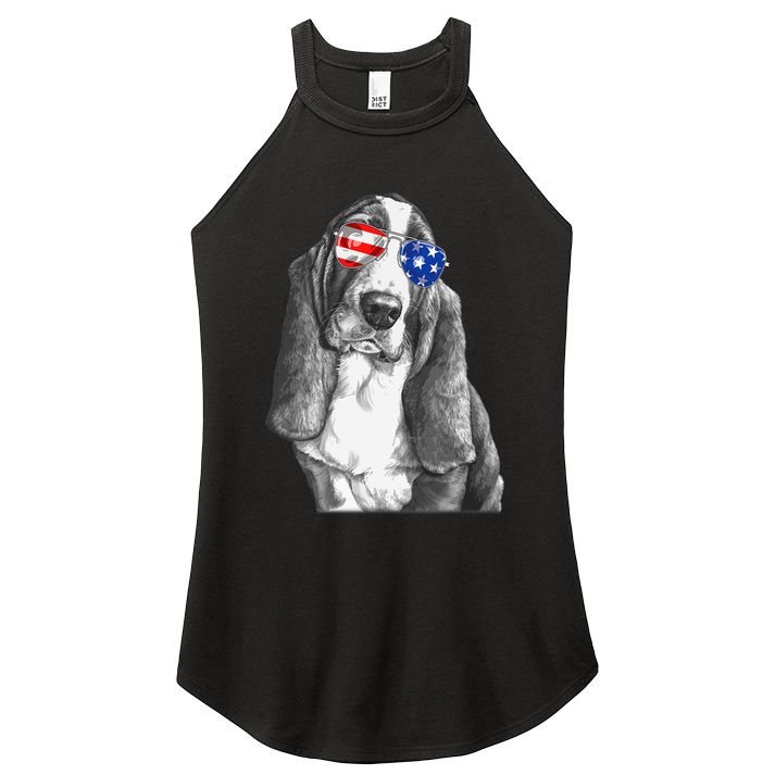 Basset Hound Dog Sunglasses Flag American 4th Of July Funny Women's Perfect Tri Rocker Tank