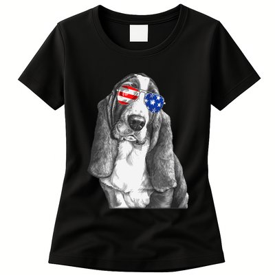 Basset Hound Dog Sunglasses Flag American 4th Of July Funny Womens T-Shirt