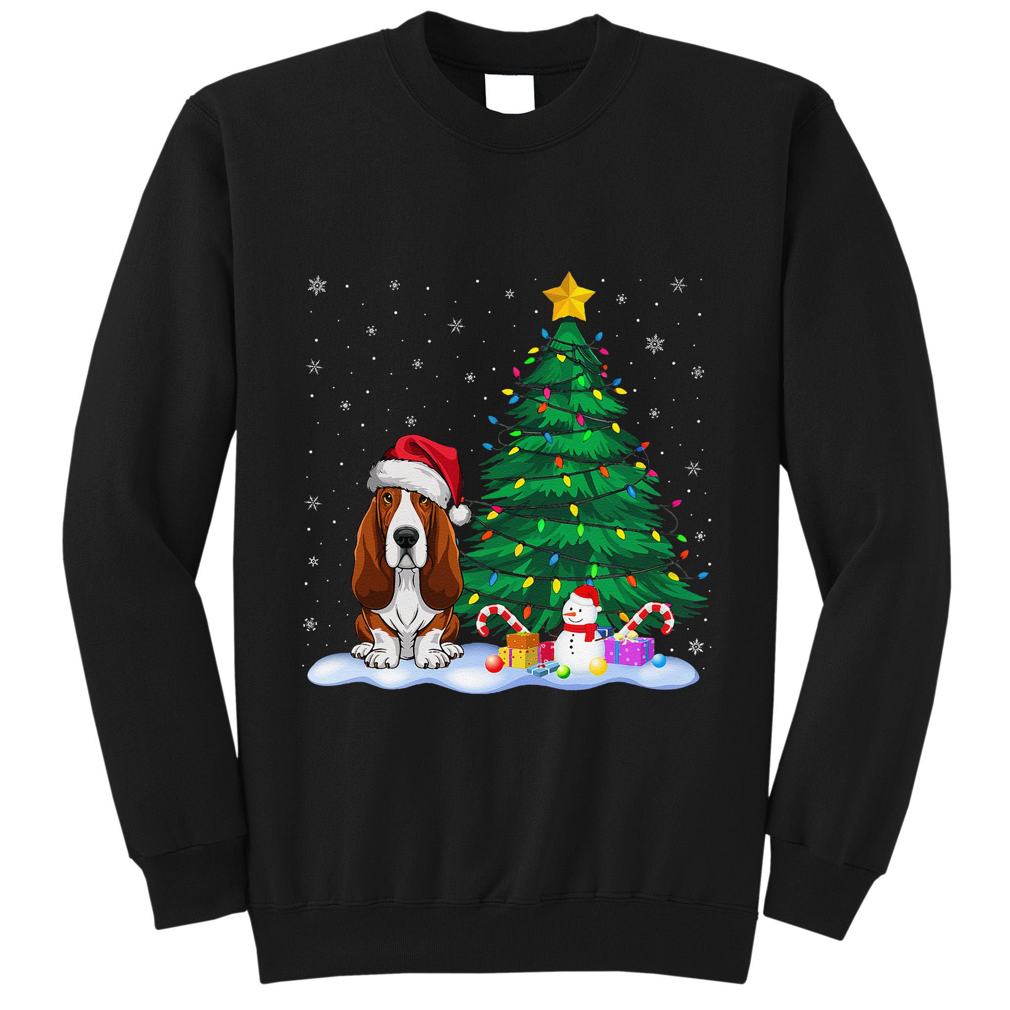 Basset Hound Dog Xmas Tree Lights Reindeer Hat Christmas Tall Sweatshirt