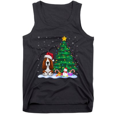 Basset Hound Dog Xmas Tree Lights Reindeer Hat Christmas Tank Top