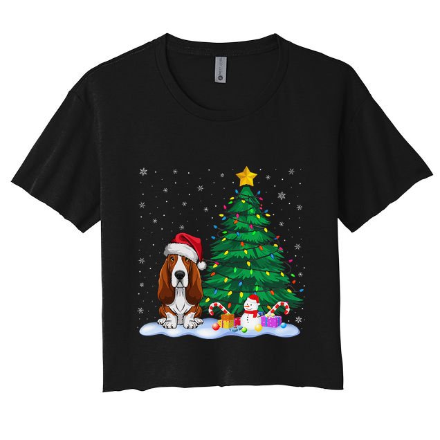 Basset Hound Dog Xmas Tree Lights Reindeer Hat Christmas Crop Top
