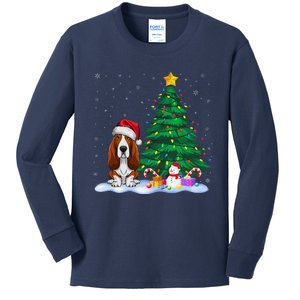 Basset Hound Dog Xmas Tree Lights Reindeer Hat Christmas Kids Long Sleeve Shirt