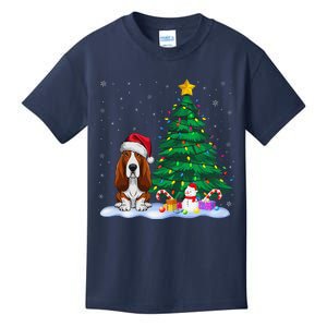 Basset Hound Dog Xmas Tree Lights Reindeer Hat Christmas Kids T-Shirt