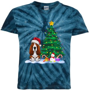 Basset Hound Dog Xmas Tree Lights Reindeer Hat Christmas Kids Tie-Dye T-Shirt