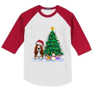 Basset Hound Dog Xmas Tree Lights Reindeer Hat Christmas Kids Colorblock Raglan Jersey