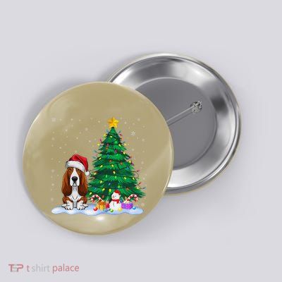 Basset Hound Dog Xmas Tree Lights Reindeer Hat Christmas Button