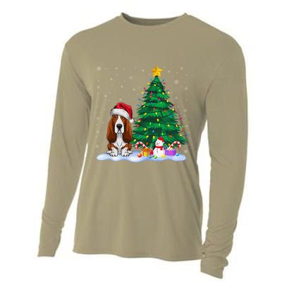 Basset Hound Dog Xmas Tree Lights Reindeer Hat Christmas Cooling Performance Long Sleeve Crew