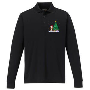 Basset Hound Dog Xmas Tree Lights Reindeer Hat Christmas Performance Long Sleeve Polo