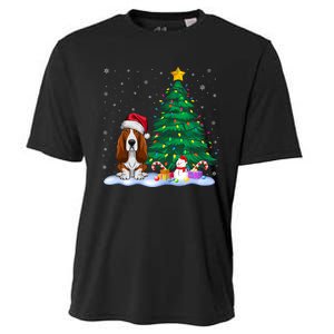 Basset Hound Dog Xmas Tree Lights Reindeer Hat Christmas Cooling Performance Crew T-Shirt