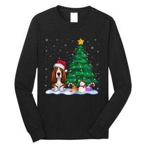 Basset Hound Dog Xmas Tree Lights Reindeer Hat Christmas Long Sleeve Shirt