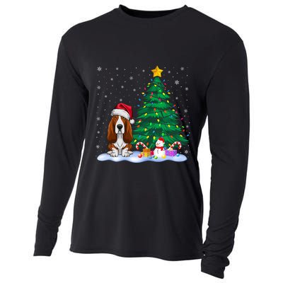 Basset Hound Dog Xmas Tree Lights Reindeer Hat Christmas Cooling Performance Long Sleeve Crew