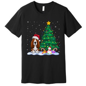 Basset Hound Dog Xmas Tree Lights Reindeer Hat Christmas Premium T-Shirt