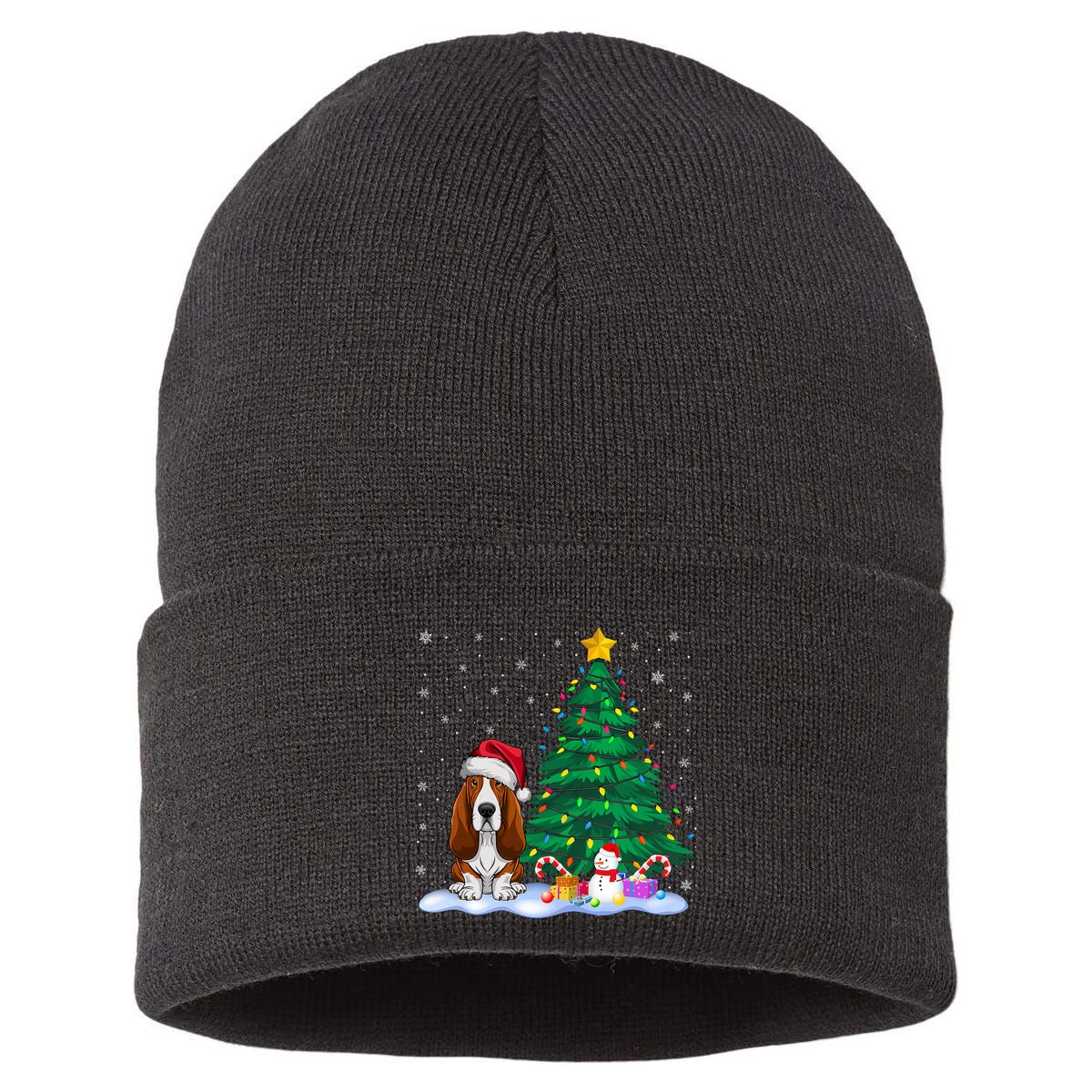 Basset Hound Dog Xmas Tree Lights Reindeer Hat Christmas Sustainable Knit Beanie