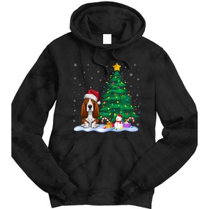 Basset Hound Dog Xmas Tree Lights Reindeer Hat Christmas Tie Dye Hoodie