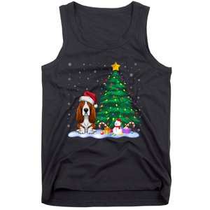 Basset Hound Dog Xmas Tree Lights Reindeer Hat Christmas Tank Top