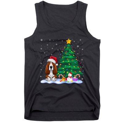 Basset Hound Dog Xmas Tree Lights Reindeer Hat Christmas Tank Top