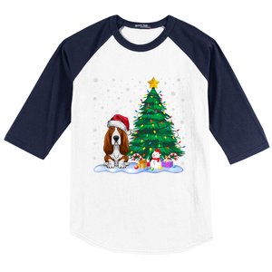 Basset Hound Dog Xmas Tree Lights Reindeer Hat Christmas Baseball Sleeve Shirt