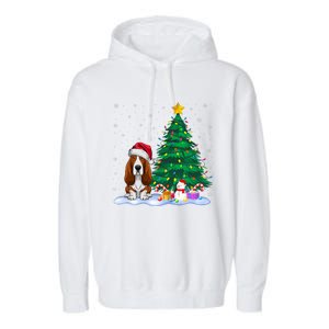 Basset Hound Dog Xmas Tree Lights Reindeer Hat Christmas Garment-Dyed Fleece Hoodie