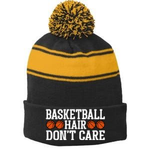 Basketball Hair Don't Care Gift For Basketball Fan Sport Team Stripe Pom Pom Beanie