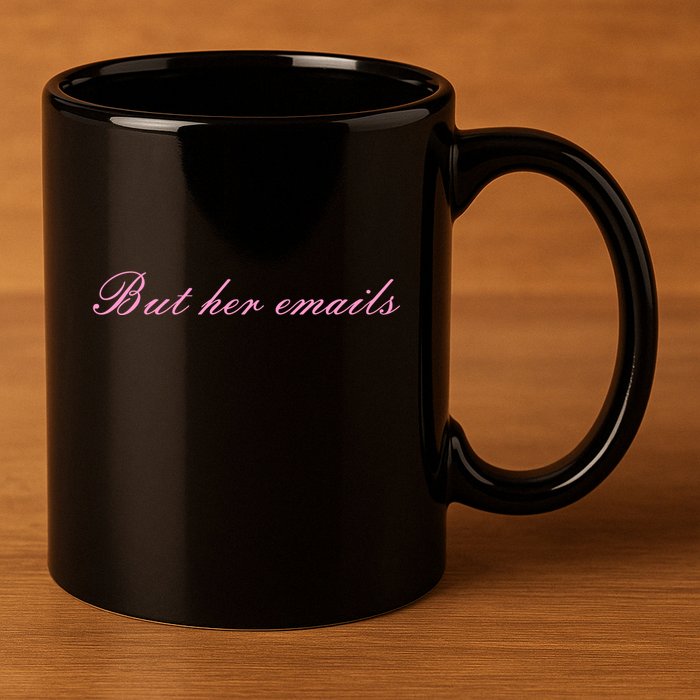 But Her Emails Pink Script Funny Hillary Clinton Meme 11oz C Handle Ceramic Mug
