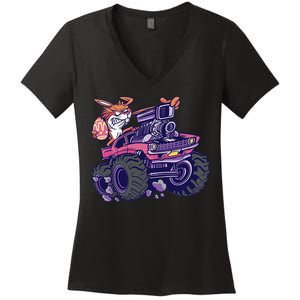  Bunny Happy Easter Monster Truck Lovers Women's V-Neck T-Shirt