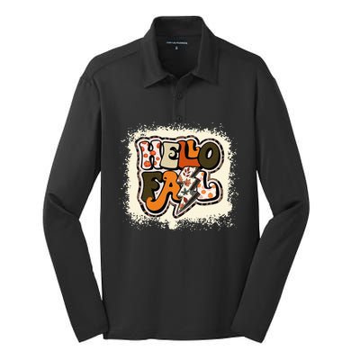 Bleached Hello Fall Autumn Vibes Retro Groovy Silk Touch Performance Long Sleeve Polo