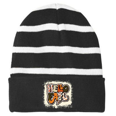 Bleached Hello Fall Autumn Vibes Retro Groovy Striped Beanie with Solid Band