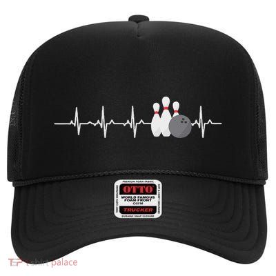 Bowling Heartbeat Funny Bowler League Team High Crown Mesh Back Trucker Hat