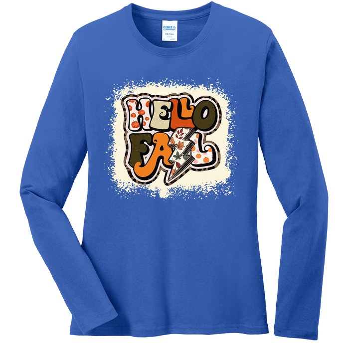 Bleached Hello Fall Autumn Vibes Retro Groovy Ladies Long Sleeve Shirt