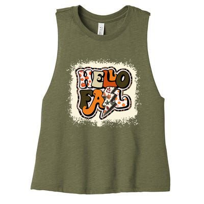 Bleached Hello Fall Autumn Vibes Retro Groovy Women's Racerback Cropped Tank