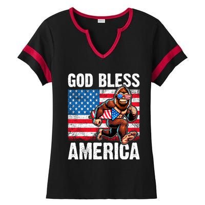 Bigfoot Holding Firework God Bless America Ladies Halftime Notch Neck Tee