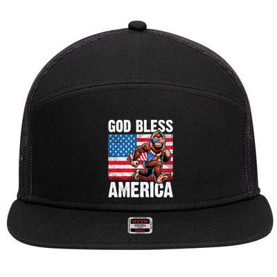 Bigfoot Holding Firework God Bless America 7 Panel Mesh Trucker Snapback Hat