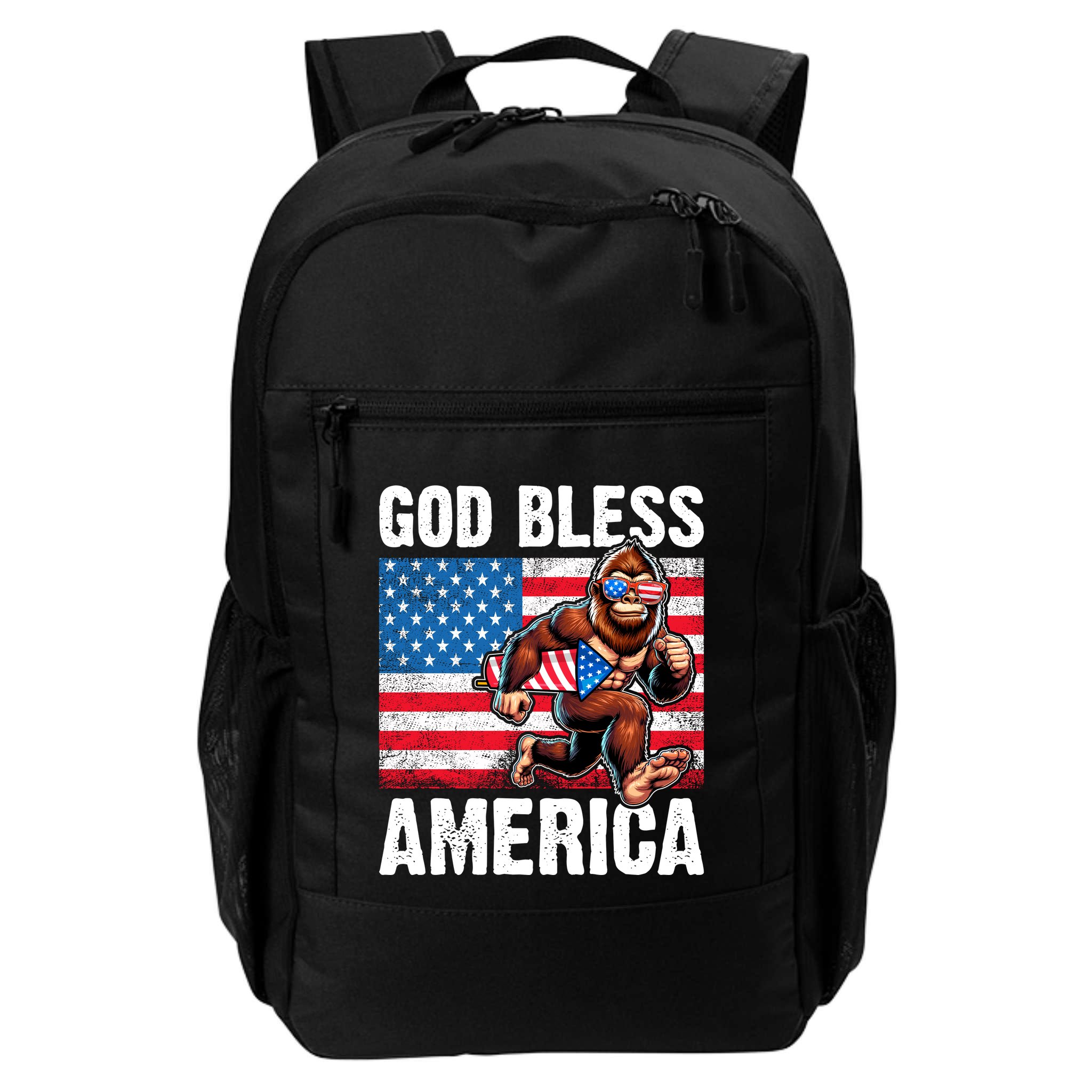 Bigfoot Holding Firework God Bless America Backpack