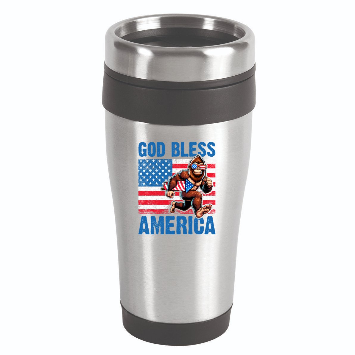 Bigfoot Holding Firework God Bless America 16oz Travel Tumbler
