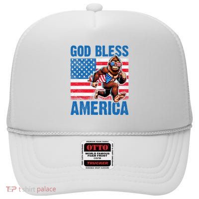 Bigfoot Holding Firework God Bless America High Crown Mesh Back Trucker Hat