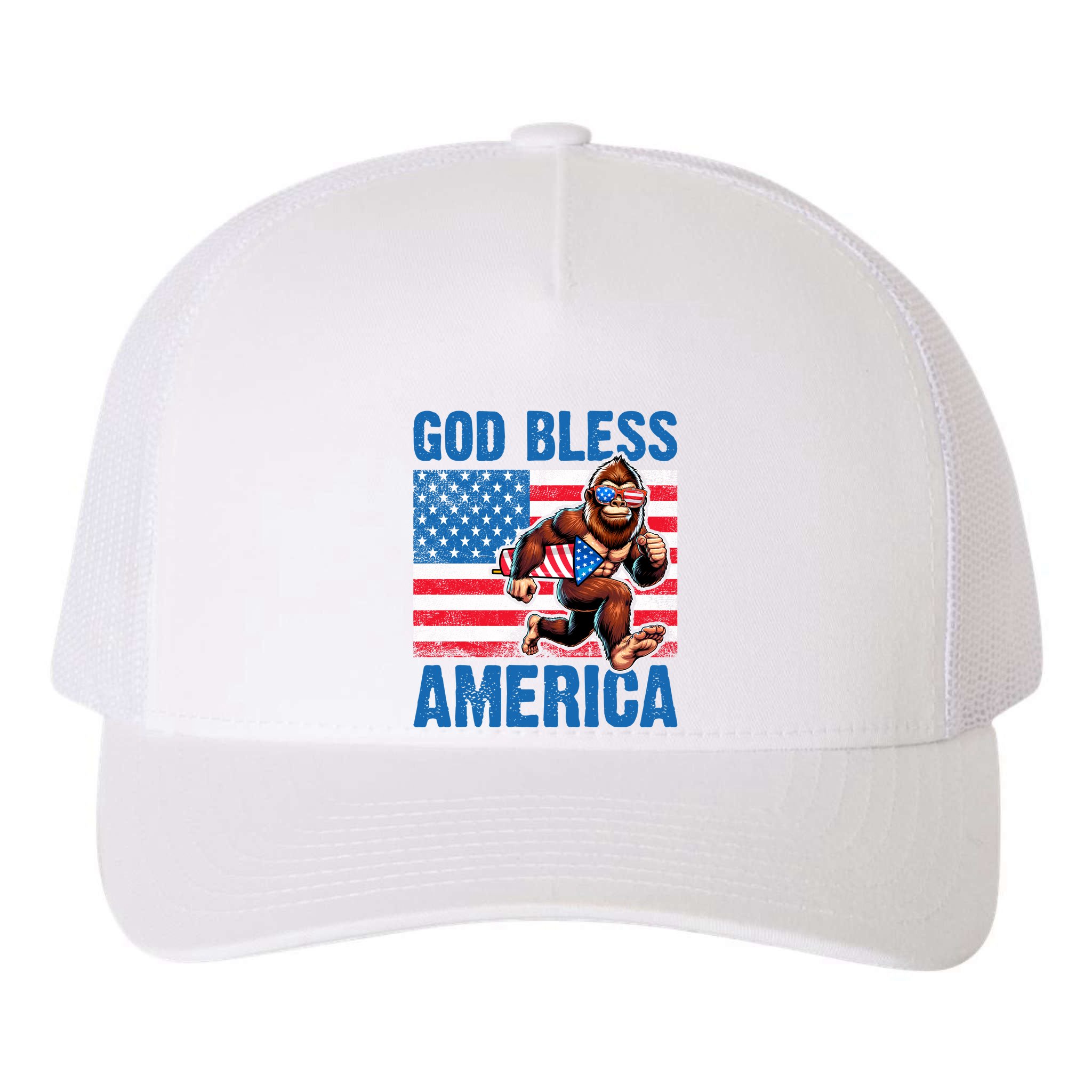 Bigfoot Holding Firework God Bless America Yupoong Adult 5-Panel Trucker Hat