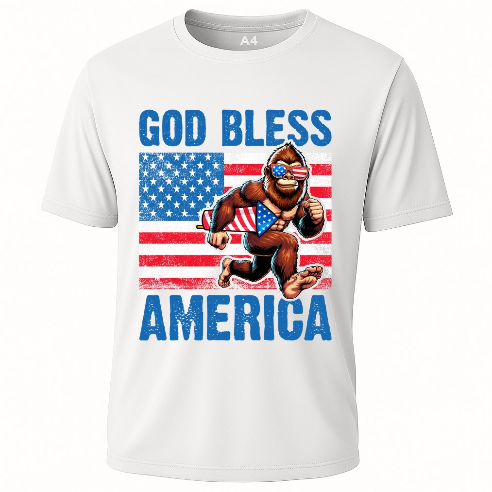 Bigfoot Holding Firework God Bless America Cooling Performance Crew T-Shirt