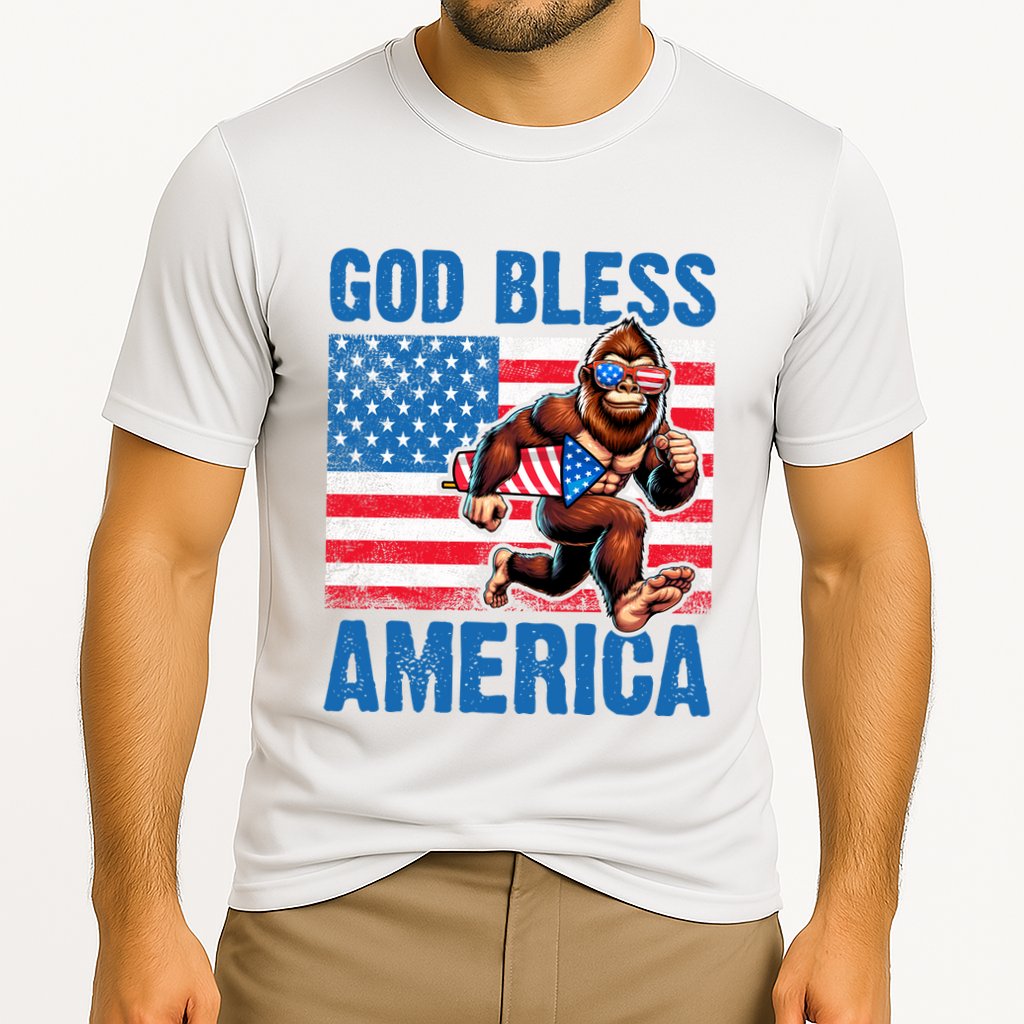 Bigfoot Holding Firework God Bless America Cooling Performance Crew T-Shirt