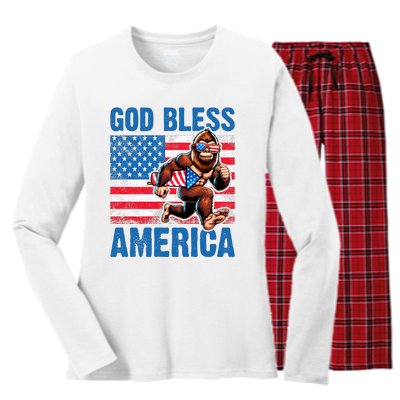 Bigfoot Holding Firework God Bless America Women's Long Sleeve Flannel Pajama Set 