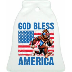 Bigfoot Holding Firework God Bless America Ceramic Bell Ornament