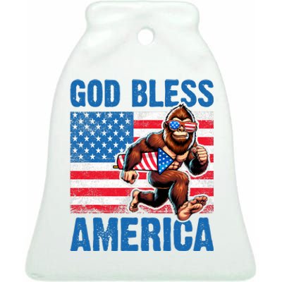 Bigfoot Holding Firework God Bless America Ceramic Bell Ornament