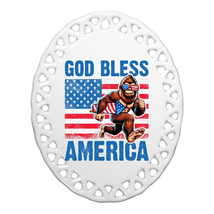 Bigfoot Holding Firework God Bless America Ceramic Oval Ornament